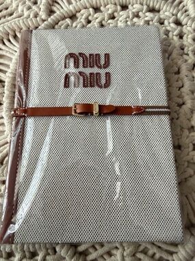 NEW Miu Miu Beige Textured Notebook Cover with Brown Trim, Wrapped